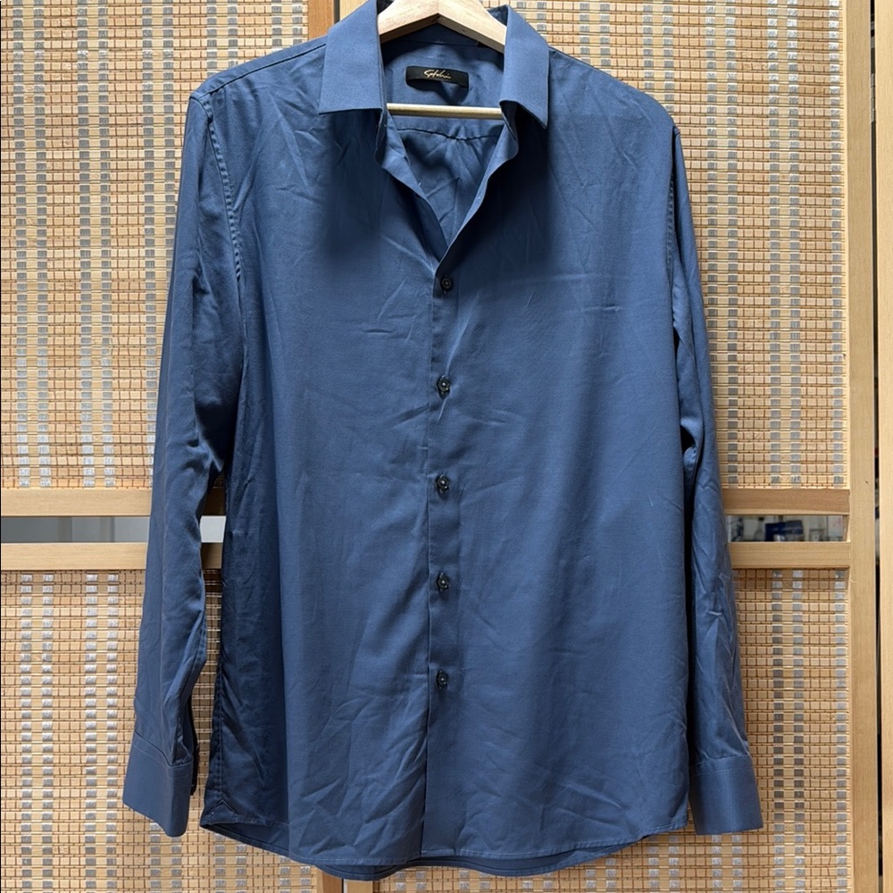 Modern Blue Dress Shirt Slim Fit Smooth Fabric